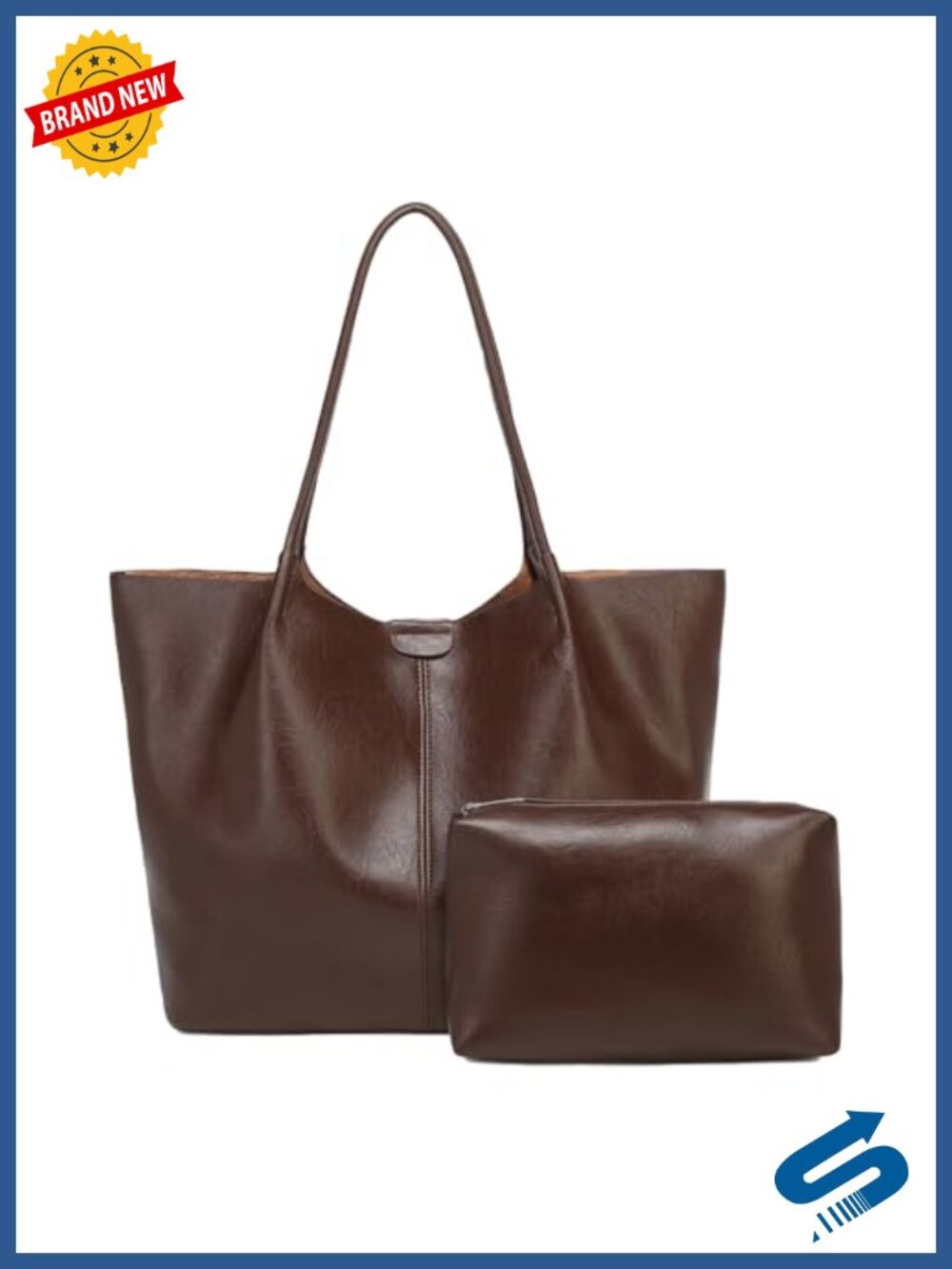 Large Eco-Friendly Faux Leather Tote Bag with Interior Pouch for Work Travel